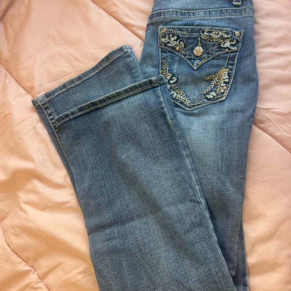 Blue Boot Cut Jeans with Embroidered Details